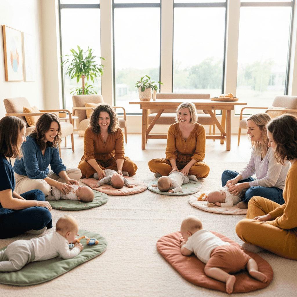 Group of mothers and babies gathering for a community event