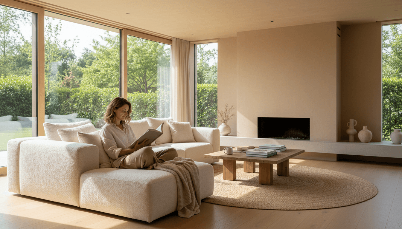 Woman in a calm, supportive environment reading and reflecting peacefully