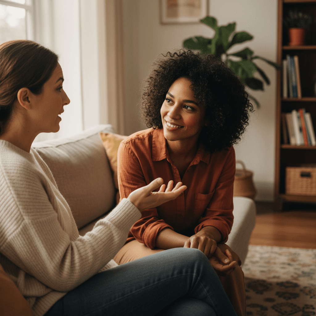 Two mothers in conversation during support group