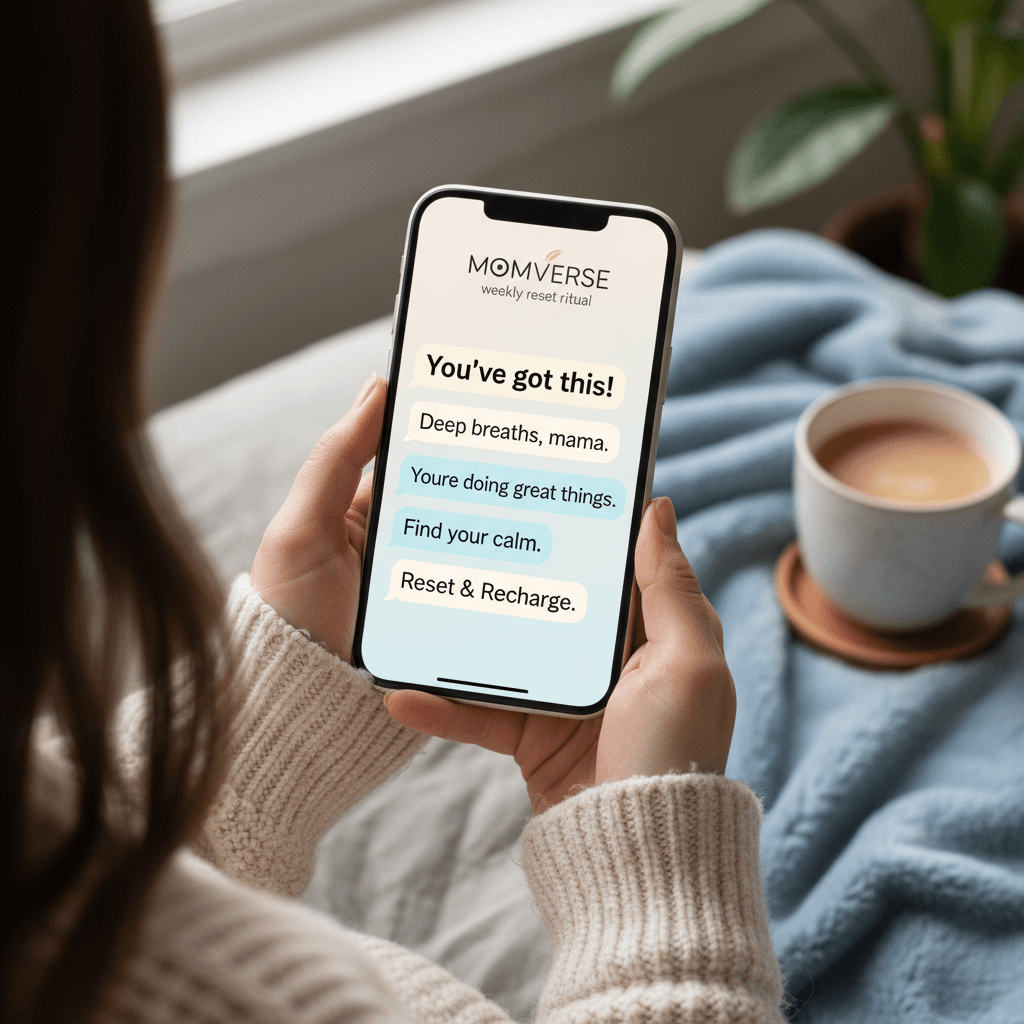 Mother receiving supportive text ritual on phone