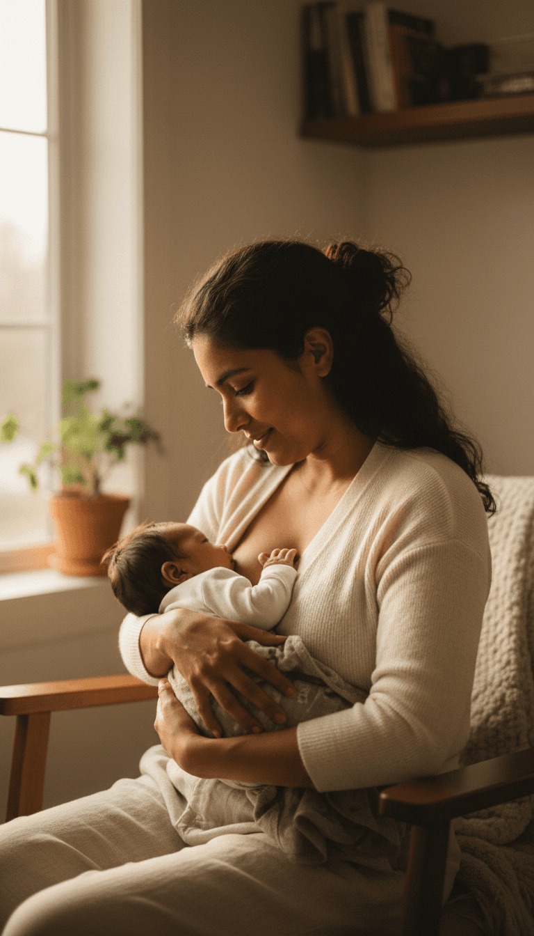 Peaceful nursing mother gazing at her infant during tender bonding moment in soft natural window light at home