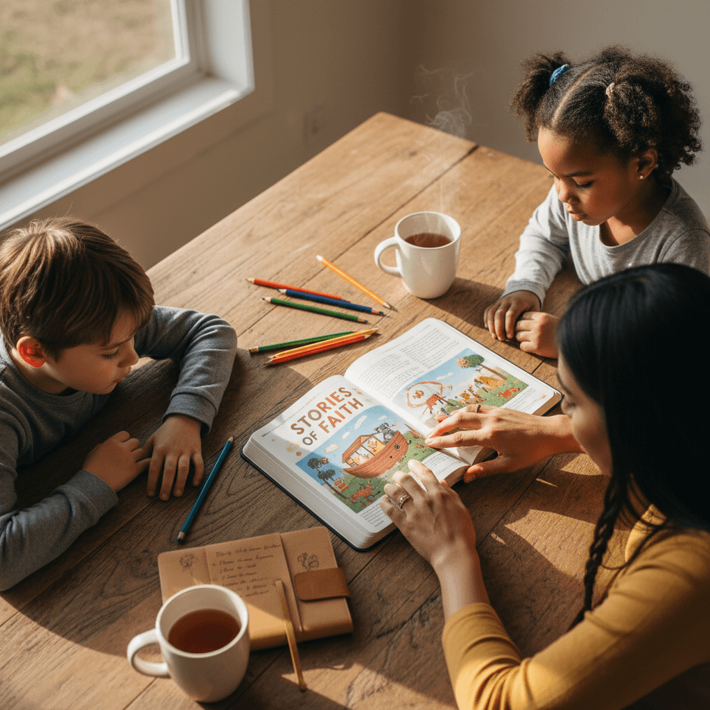 Parent and children reading from illustrated Bible together at wooden table with morning sunlight and devotional journal nearby