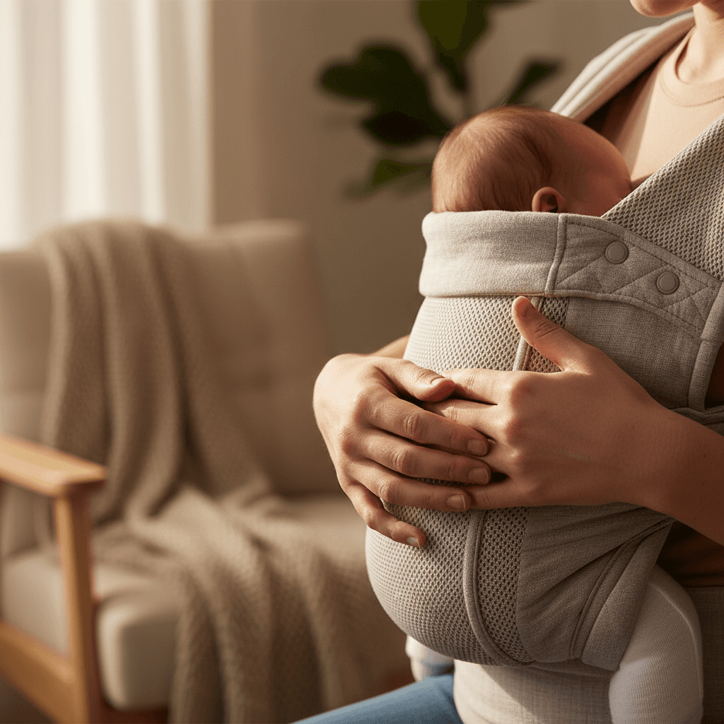 Parent's hands carefully adjusting soft baby carrier with infant, natural window light highlighting fabric quality and comfort